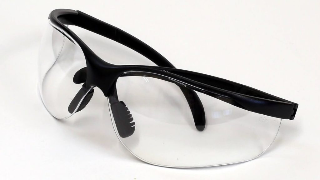 A pair of safety glasses, worn to protect the eyes during various work tasks.